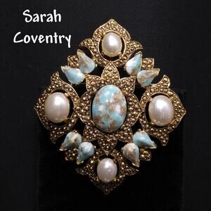 Vintage Sarah Coventry Turquoise Faux Pearl Brooch Pendant 1960s Gold Tone